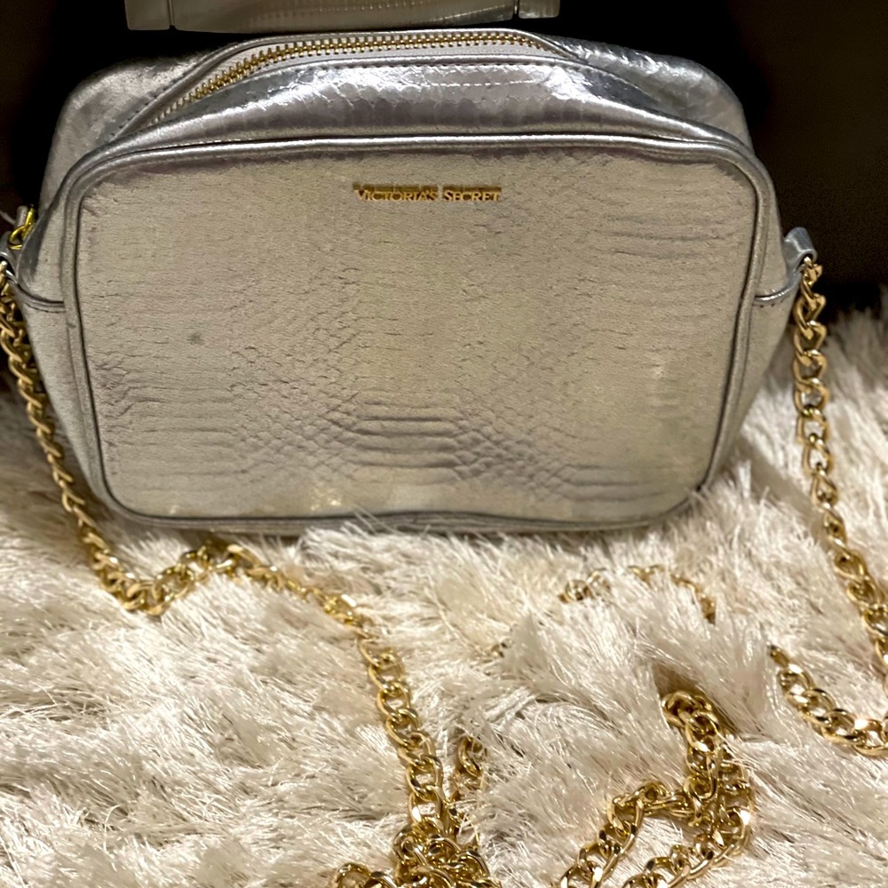 Victoria secret silver purse with gold chain